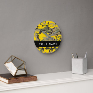 Yellow and Green Camouflage Your name Personalize Round Clock