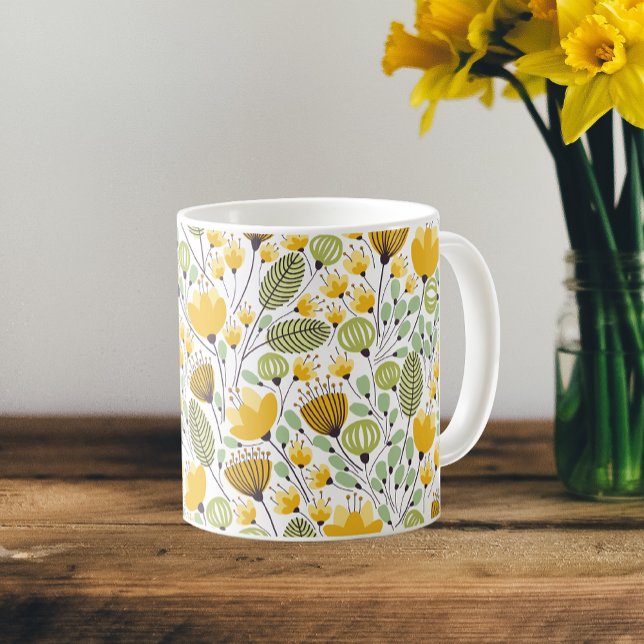 Yellow and Green Decorative Floral Design Pattern Coffee Mug (Creator Uploaded)