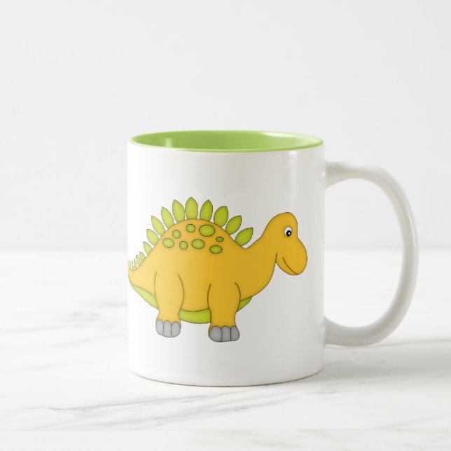 Yellow and Green Dinosaur+Personalize Name Two-Tone Coffee Mug (Right)