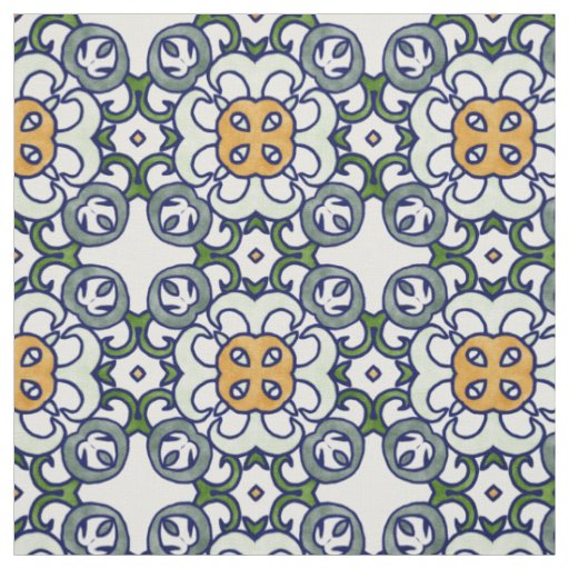 Yellow and Green Floral Damask Pattern Fabric