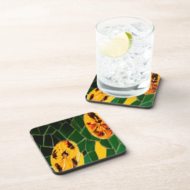 Yellow and Green Flower Mosaic Beverage Coaster (Right Side)