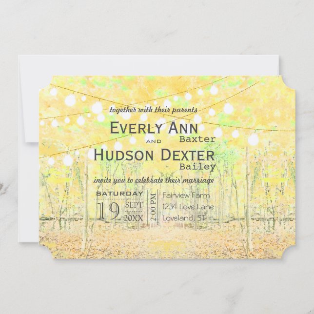 Yellow and Green Forest Lights Garland Wedding Invitation (Front)