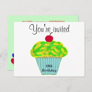 Yellow and Green Frosting Vanilla Cherry Cupcake Invitation