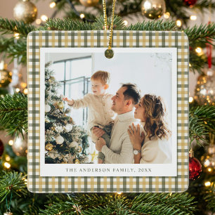 Yellow and Green Gingham Photo Ceramic Ornament