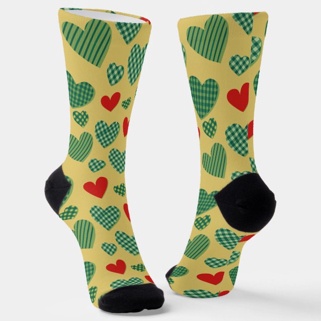 Yellow and Green Heart Pattern Socks (Angled)