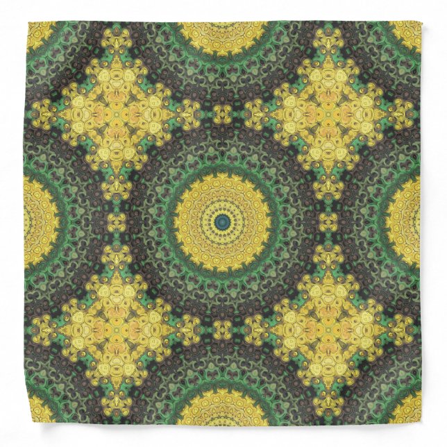 Yellow and Green Kaleidoscope Mandala Pattern Bandana (Front)