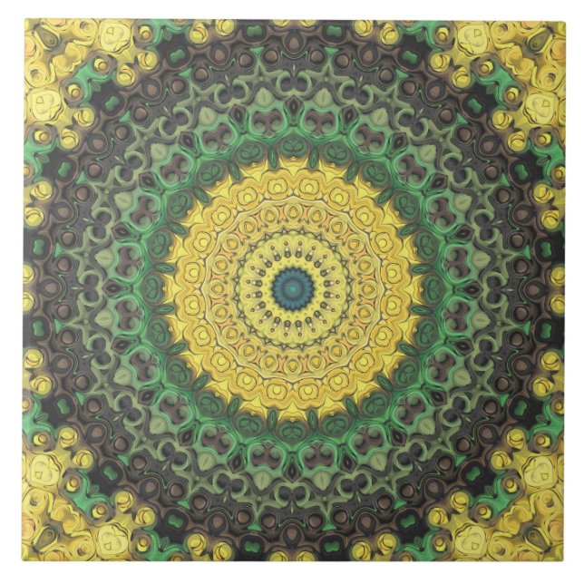 Yellow and Green Kaleidoscope Mandala Pattern Ceramic Tile (Front)