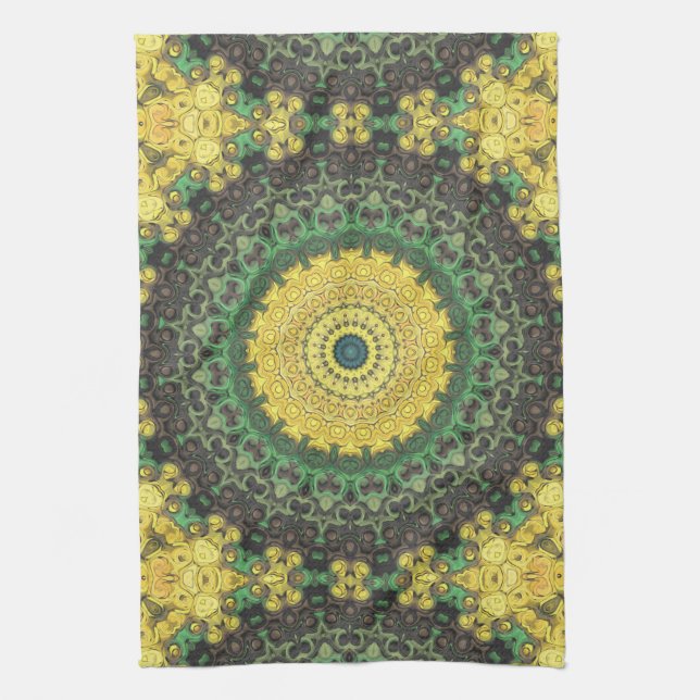 Yellow and Green Kaleidoscope Mandala Pattern Kitchen Towel (Vertical)