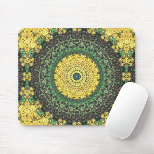 Yellow and Green Kaleidoscope Mandala Pattern Mouse Pad (With Mouse)