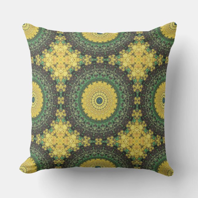 Yellow and Green Kaleidoscope Mandala Pattern Throw Pillow (Front)
