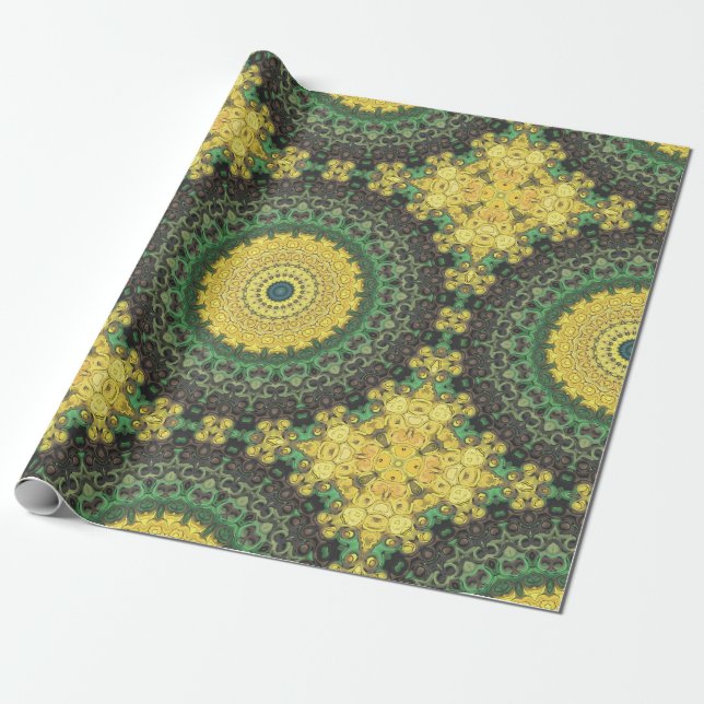 Yellow and Green Kaleidoscope Mandala Pattern Wrapping Paper (Unrolled)