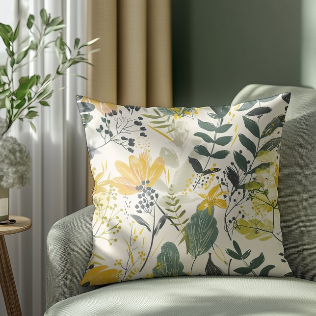 Yellow and Green Modern Botanical Pattern Throw Pillow (Elegant and timeless look that blends effortlessly with grand millennial décor.)
