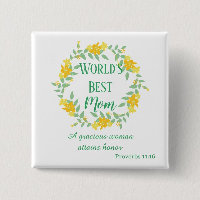 Yellow and Green Mom Floral Wreath Button (Front)