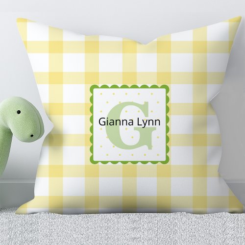 Yellow and Green Monogram Gingham Baby Throw Pillow