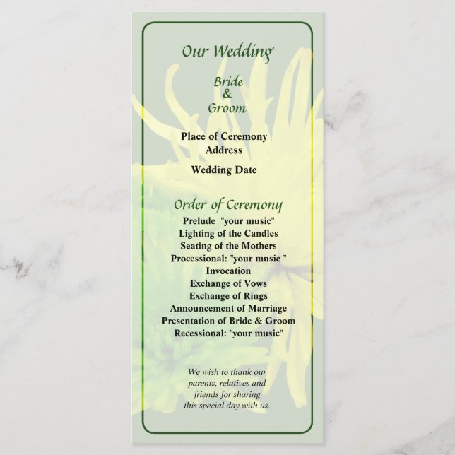 Yellow and Green Mums Wedding Program (Front)
