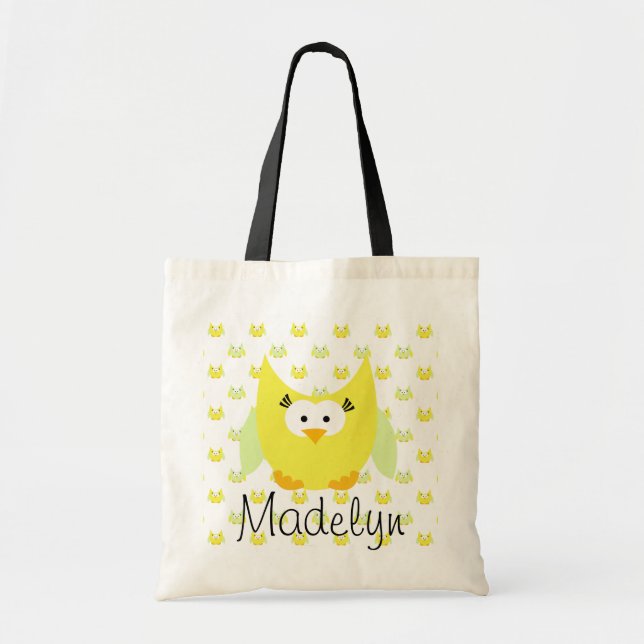 Yellow and Green Owls Personalized Tote Bag (Front)