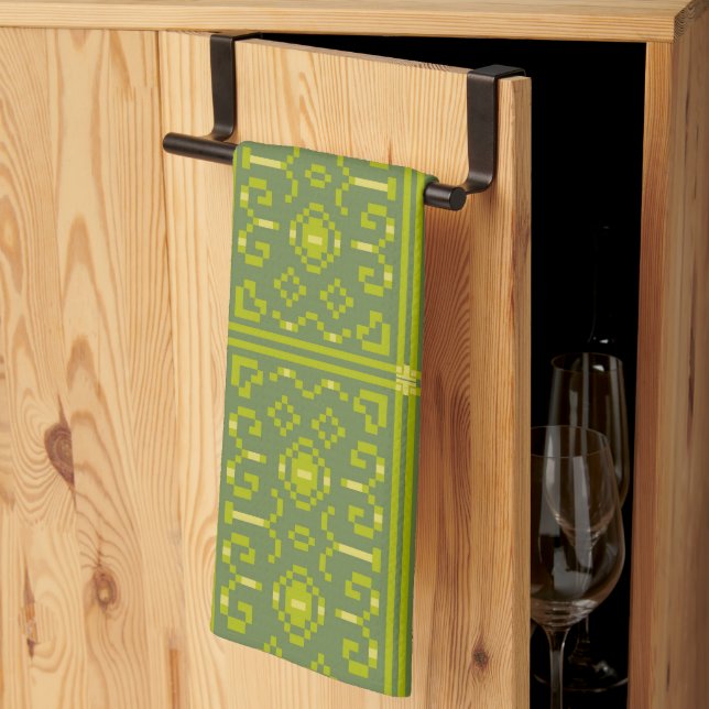 Yellow and green pixels play geometric shapes kitchen towel (Thirds Fold)