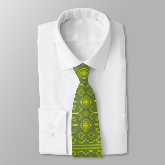 Yellow and green pixels play geometric shapes neck tie (Tied)
