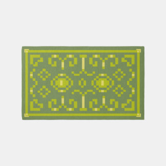 Yellow and green pixels play geometric shapes rug