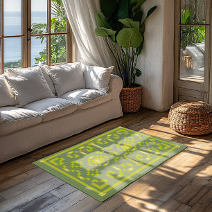 Yellow and green pixels play geometric shapes rug
