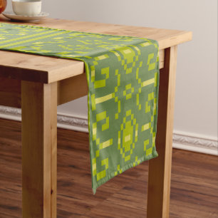 Yellow and green pixels play geometric shapes short table runner