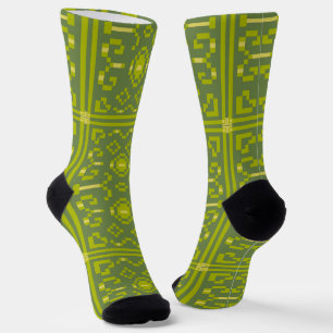 Yellow and green pixels play geometric shapes socks