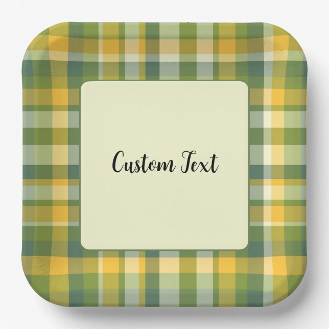 Yellow and Green Plaid Pattern Background Paper Plates (Front)