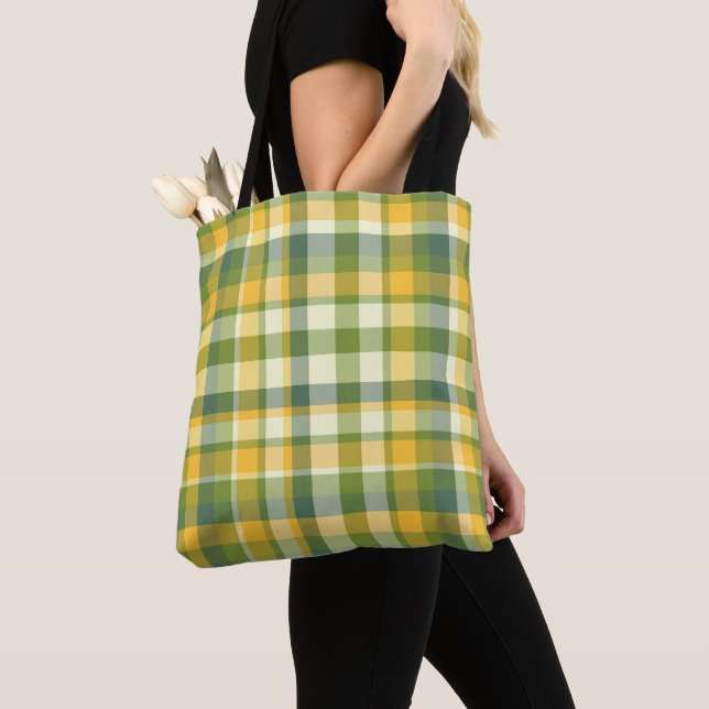 Yellow and Green Plaid Pattern Background Tote Bag (Close Up)