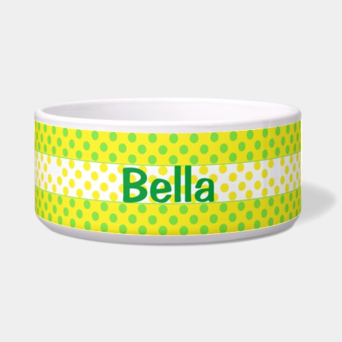 Yellow and Green Polka Dot Custom Ceramic Dog Bowl