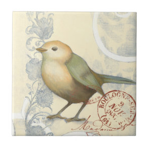 Yellow and Green Sparrow on Vintage Background Ceramic Tile