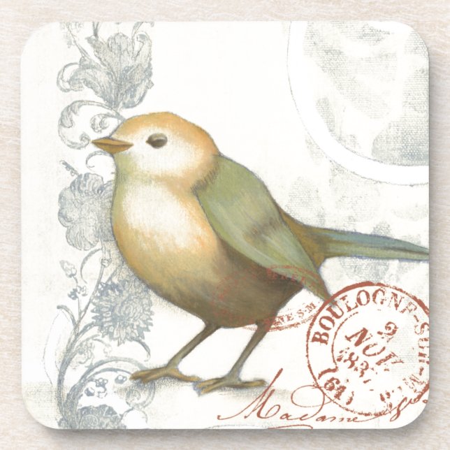Yellow and Green Sparrow on Vintage Background Coaster (Front)