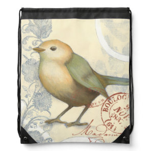 Yellow and Green Sparrow on Vintage Background Drawstring Bag