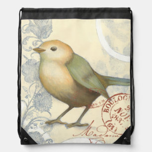 Yellow and Green Sparrow on Vintage Background Drawstring Bag