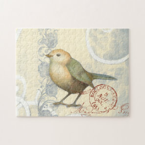 Yellow and Green Sparrow on Vintage Background Jigsaw Puzzle