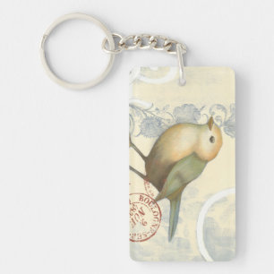 Yellow and Green Sparrow on Vintage Background Keychain