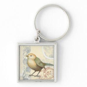Yellow and Green Sparrow on Vintage Background Keychain