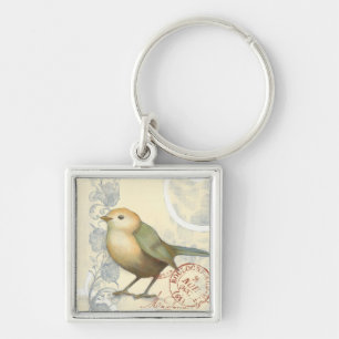 Yellow and Green Sparrow on Vintage Background Keychain
