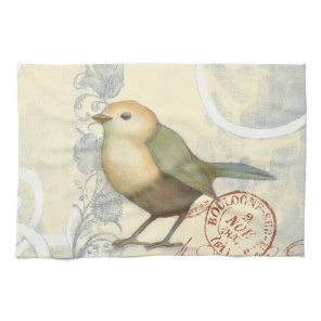 Yellow and Green Sparrow on Vintage Background Kitchen Towel