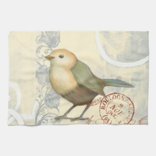 Yellow and Green Sparrow on Vintage Background Kitchen Towel