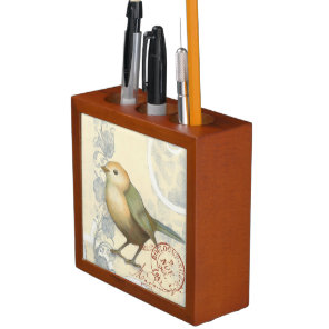 Yellow and Green Sparrow on Vintage Background Pencil/Pen Holder