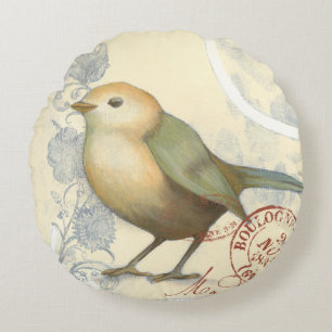 Yellow and Green Sparrow on Vintage Background Round Pillow