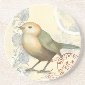 Yellow and Green Sparrow on Vintage Background Sandstone Coaster