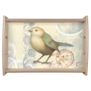 Yellow and Green Sparrow on Vintage Background Serving Tray