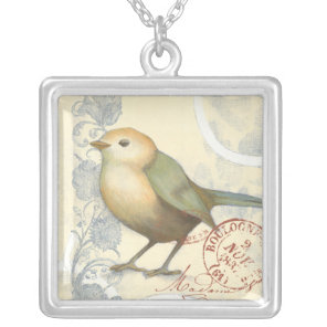 Yellow and Green Sparrow on Vintage Background Silver Plated Necklace