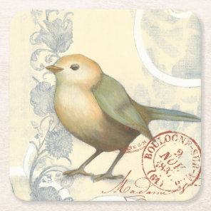 Yellow and Green Sparrow on Vintage Background Square Paper Coaster