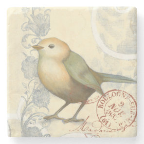Yellow and Green Sparrow on Vintage Background Stone Coaster