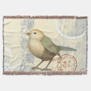Yellow and Green Sparrow on Vintage Background Throw Blanket