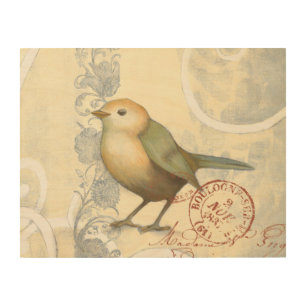 Yellow and Green Sparrow on Vintage Background Wood Wall Art