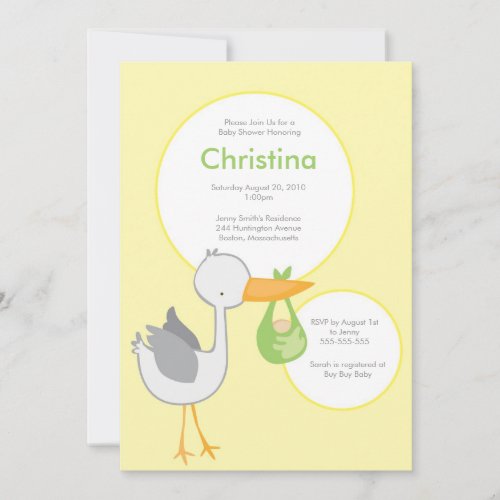 Yellow and Green Stork Baby Shower Invitation