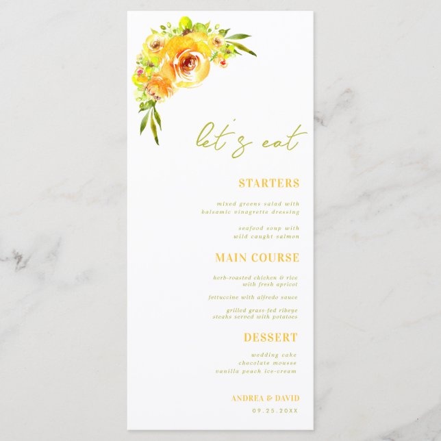 Yellow and Green Summer Floral Let's Eat Wedding Menu (Front)